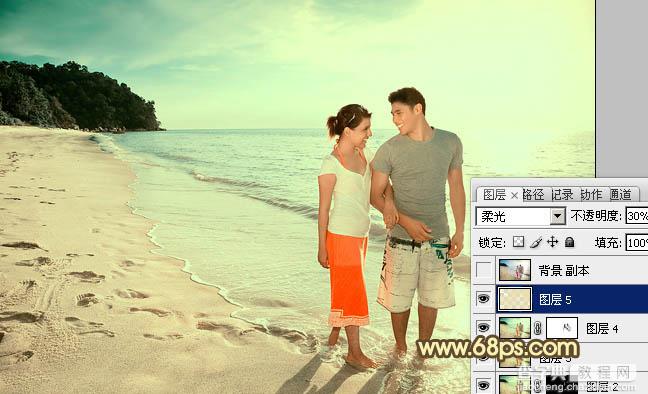 Photoshop将海滩情侣图片调成温馨的暖色调效果23