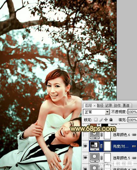 Photoshop将树林婚片打造出经典暗调青黄色效果28