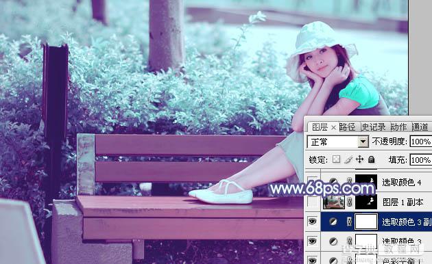 Photoshop将公园美女图片调制出梦幻唯美的淡调青紫色26