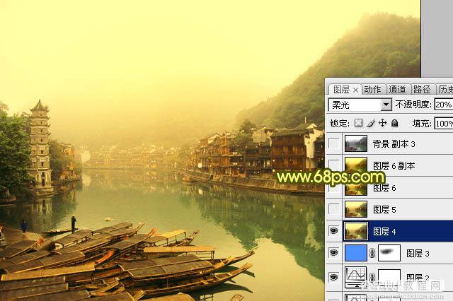 Photoshop为江畔小镇添加绚丽的朝霞色24