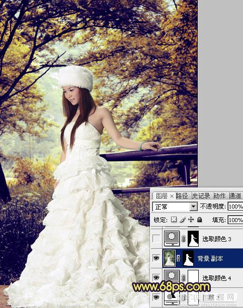 Photoshop将树林美女婚片调制成梦幻的黄蓝色28