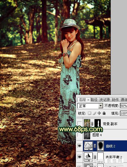 Photoshop将树林美女图片调成柔和的暗调红青色30