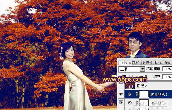 Photosho将树林情侣图片调成灿烂的橙红20
