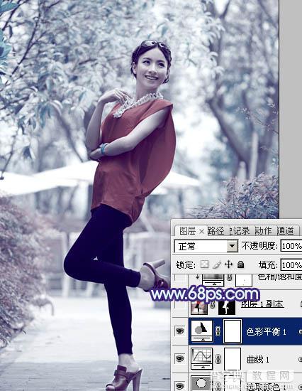 Photoshop将外景美女调制出有冬天特色的淡雅的淡蓝色15