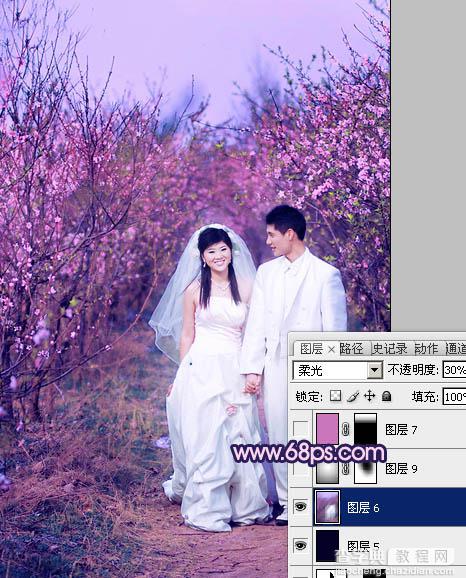 Photoshop将桃林婚片调成艳丽的紫红色27