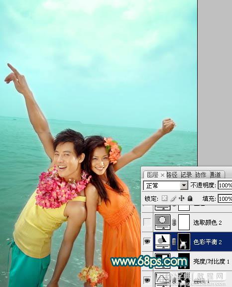 Photosho为海景情侣图片加上艳丽的青黄色13