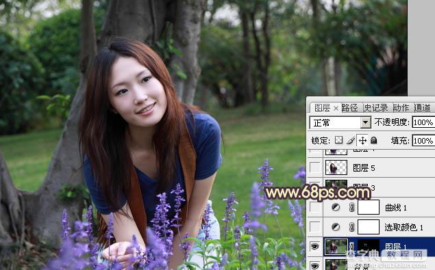 Photoshop将树林美女图片调成温馨的黄紫色3