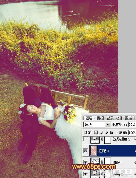 Photoshop为池塘边情侣图片增加上温暖的霞光色效果12