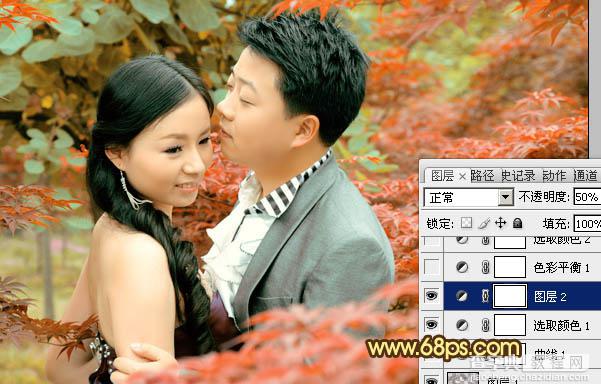 Photoshop制作柔美的橙红色树林婚片14