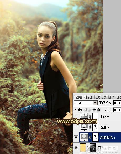 Photoshop将树林模特图片调制出柔美的青褐色效果26