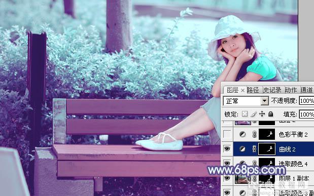 Photoshop将公园美女图片调制出梦幻唯美的淡调青紫色32