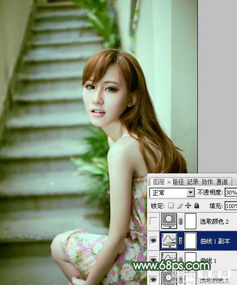 Photoshop将楼梯边美女图片调制出甜美的青绿色效果10