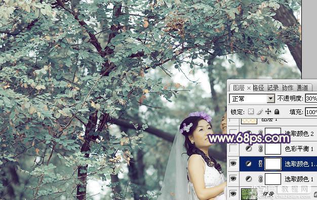Photoshop制作古典青褐色效果的树林婚片8