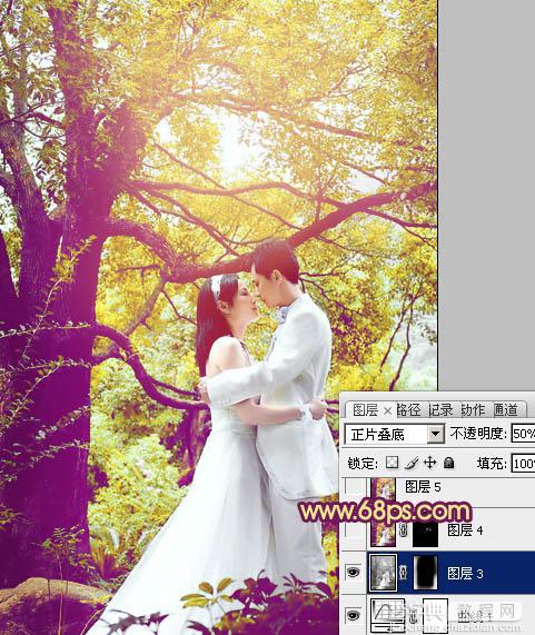 Photoshop将树林婚片增加上柔美的黄紫色效果25