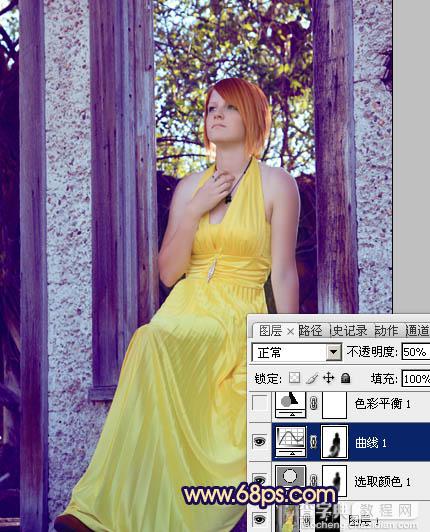 Photoshop将窗户上女孩图片调制出柔美的橙蓝色11
