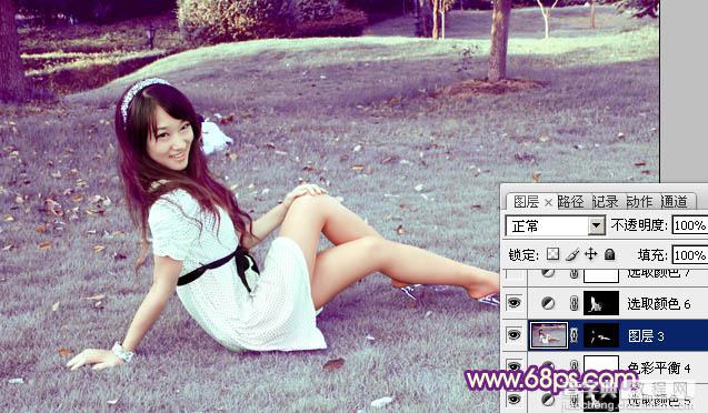 Photoshop将外景草地美女图片调制出淡淡甜美的青紫色35
