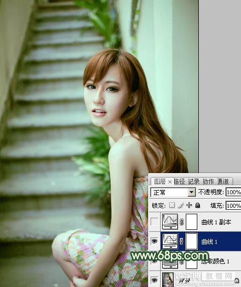 Photoshop将楼梯边美女图片调制出甜美的青绿色效果9