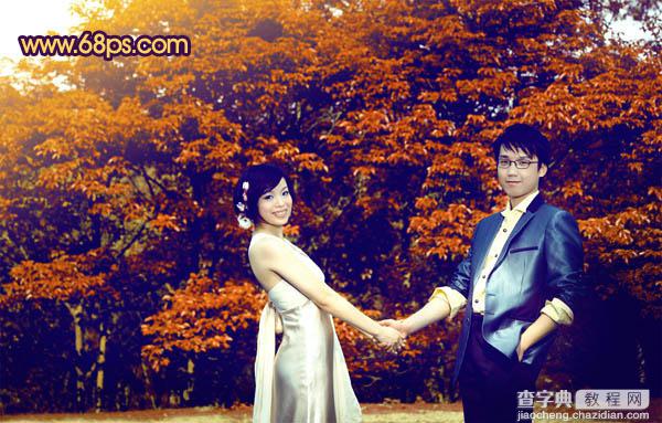 Photosho将树林情侣图片调成灿烂的橙红31
