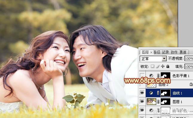 Photoshop将草地上的情侣图片增加上暖暖的棕黄色9