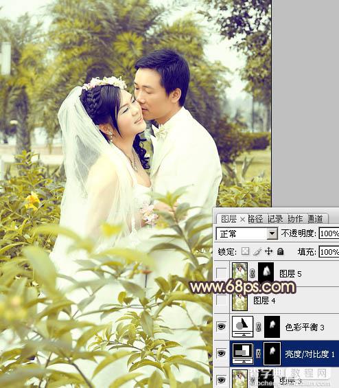 Photoshop为树林婚片调制出柔和的古典黄绿色效果22