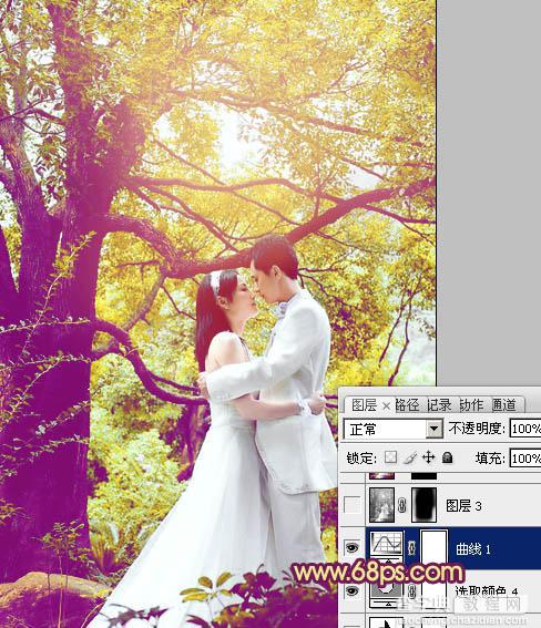 Photoshop将树林婚片增加上柔美的黄紫色效果24