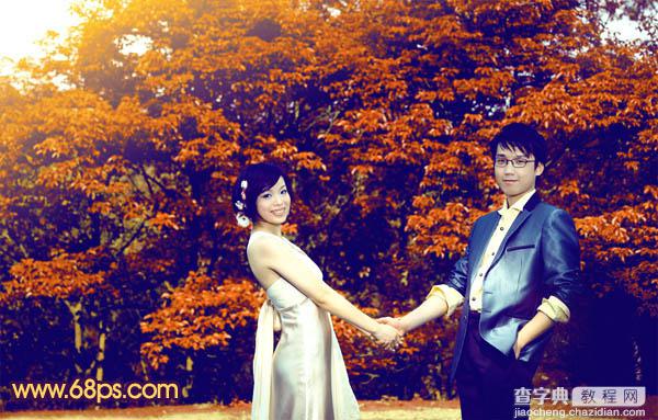 Photosho将树林情侣图片调成灿烂的橙红30