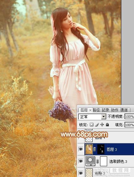 Photoshop为树林美女图片调制出柔和的淡黄早秋色29