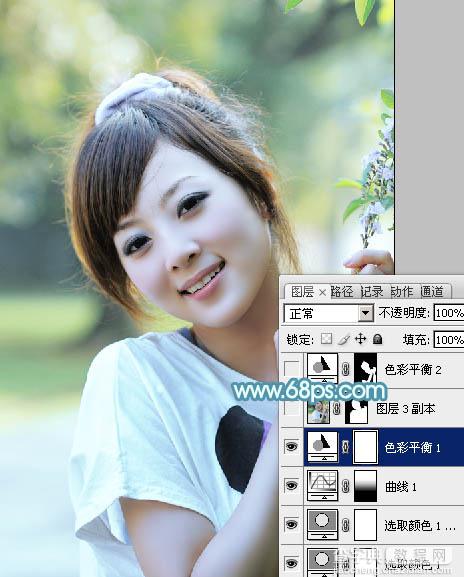 Photoshop为外景美女图片调制出清爽甜美的淡调青蓝色12