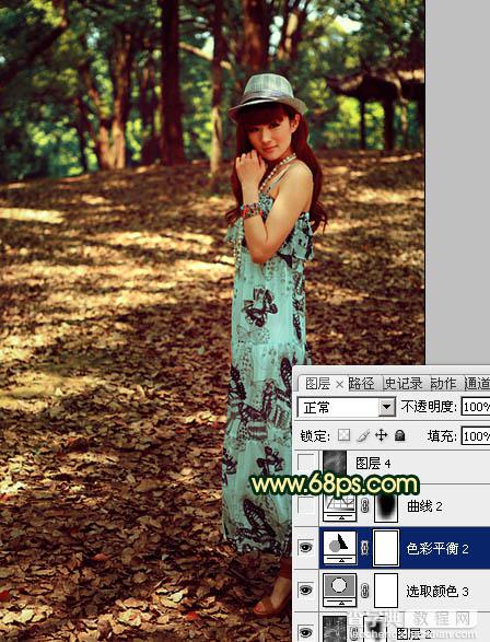 Photoshop将树林美女图片调成柔和的暗调红青色29