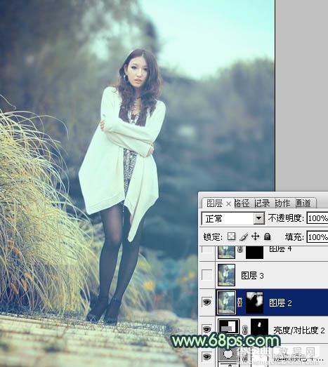 Photoshop给为绿荫中的人物图片调制出韩系淡青色效果24