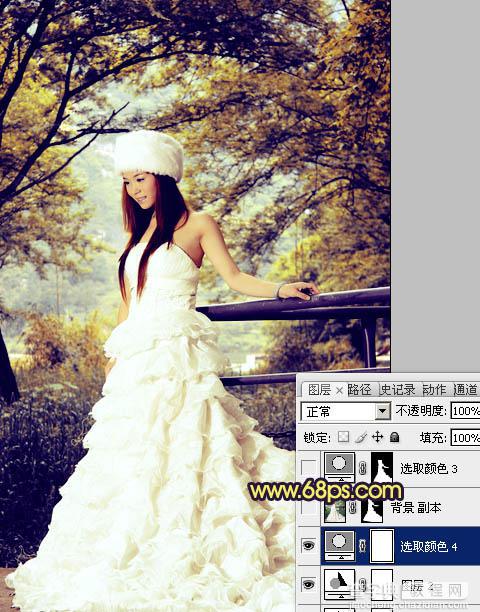 Photoshop将树林美女婚片调制成梦幻的黄蓝色27