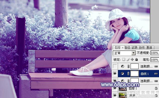Photoshop将公园美女图片调制出梦幻唯美的淡调青紫色14