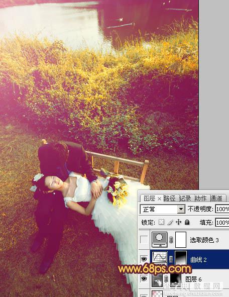 Photoshop为池塘边情侣图片增加上温暖的霞光色效果25