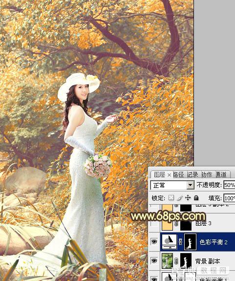 Photoshop为树林美女婚片增加漂亮的橙红色20