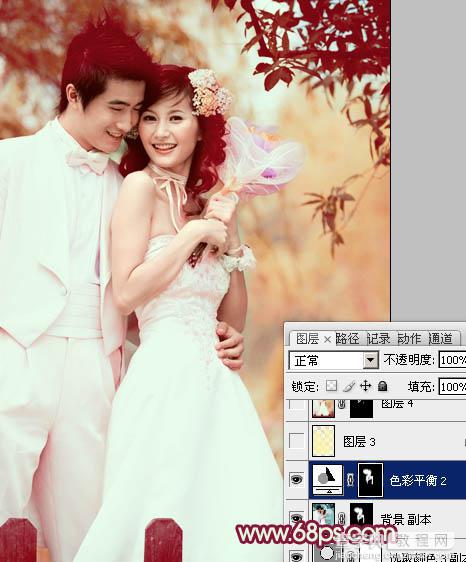 Photoshop将树林婚片调成甜美的粉褐色25