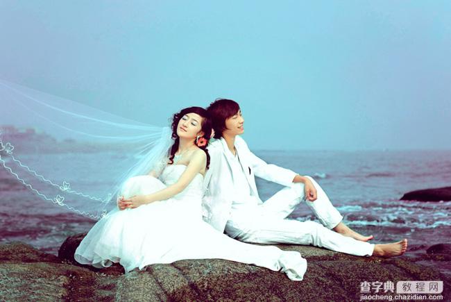 Photoshop将蓝色海景婚片调制出淡雅的青紫色效果3