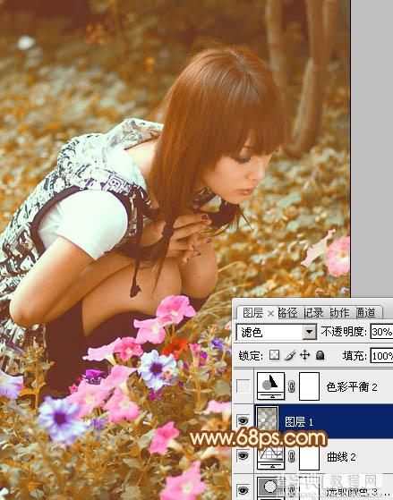 Photoshop为蹲在草地看花的美女图片增加上柔和的黄褐阳光色效果29