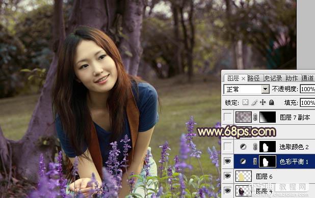 Photoshop将树林美女图片调成温馨的黄紫色14