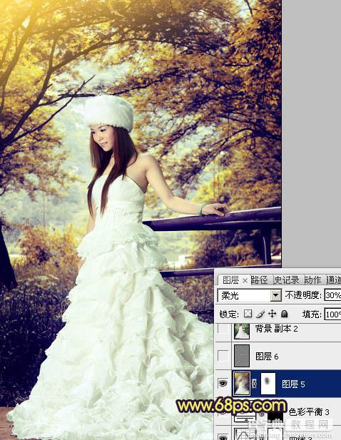 Photoshop将树林美女婚片调制成梦幻的黄蓝色37