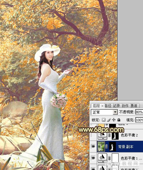 Photoshop为树林美女婚片增加漂亮的橙红色18