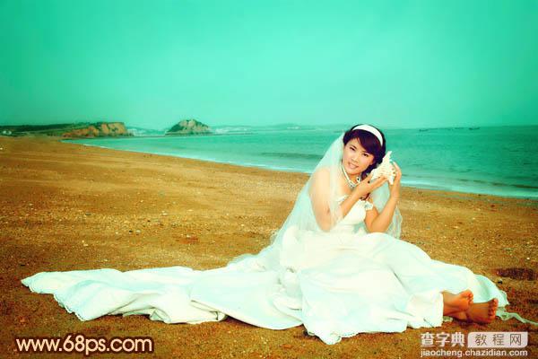 Photoshop将沙滩美女婚片调制出柔美的青黄色效果29