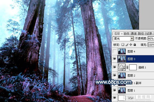 Photoshop制作暗调蓝紫色的森林图片28