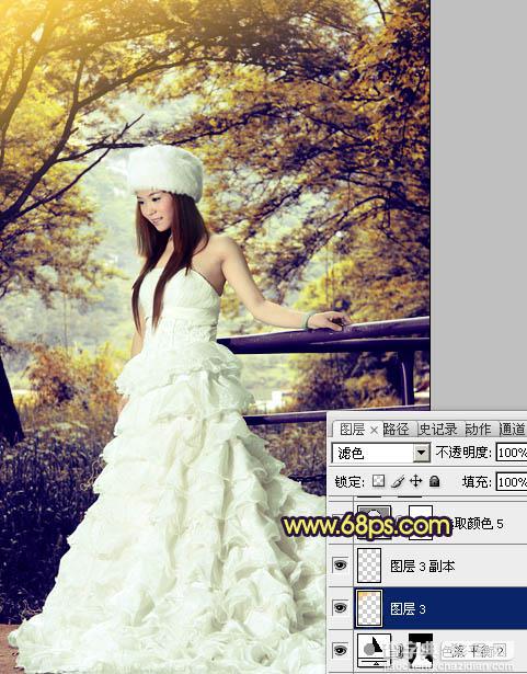 Photoshop将树林美女婚片调制成梦幻的黄蓝色30