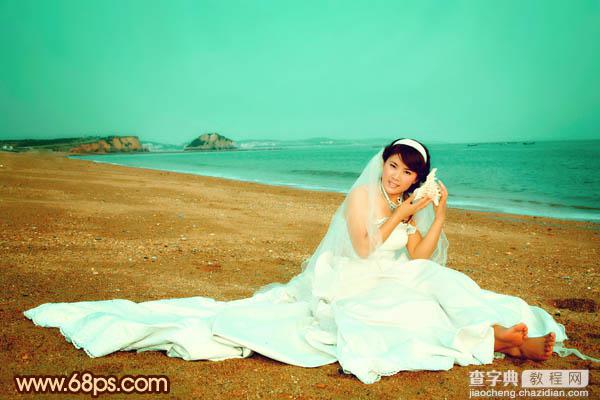 Photoshop将沙滩美女婚片调制出柔美的青黄色效果24