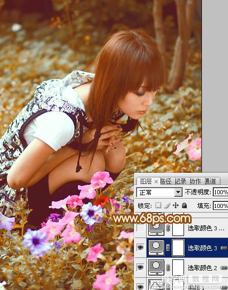 Photoshop为蹲在草地看花的美女图片增加上柔和的黄褐阳光色效果25