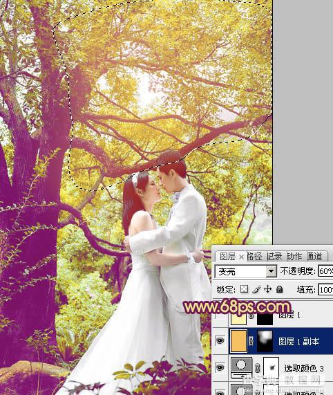 Photoshop将树林婚片增加上柔美的黄紫色效果14