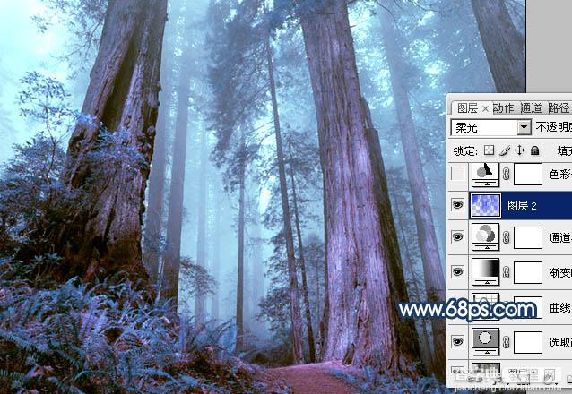 Photoshop制作暗调蓝紫色的森林图片15