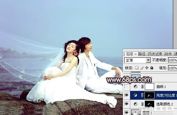 Photoshop将蓝色海景婚片调制出淡雅的青紫色效果16