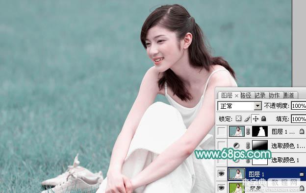 Photoshop将草地人物图片调制出梦幻的青色调效果3