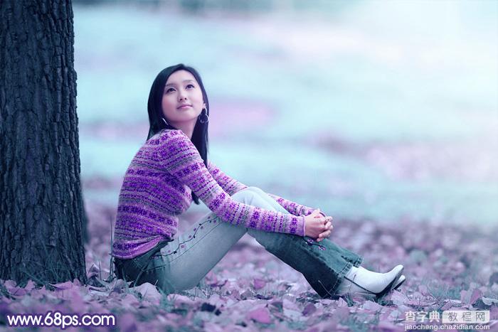 Photoshop为草地上的人物图片增加上梦幻的青紫色2